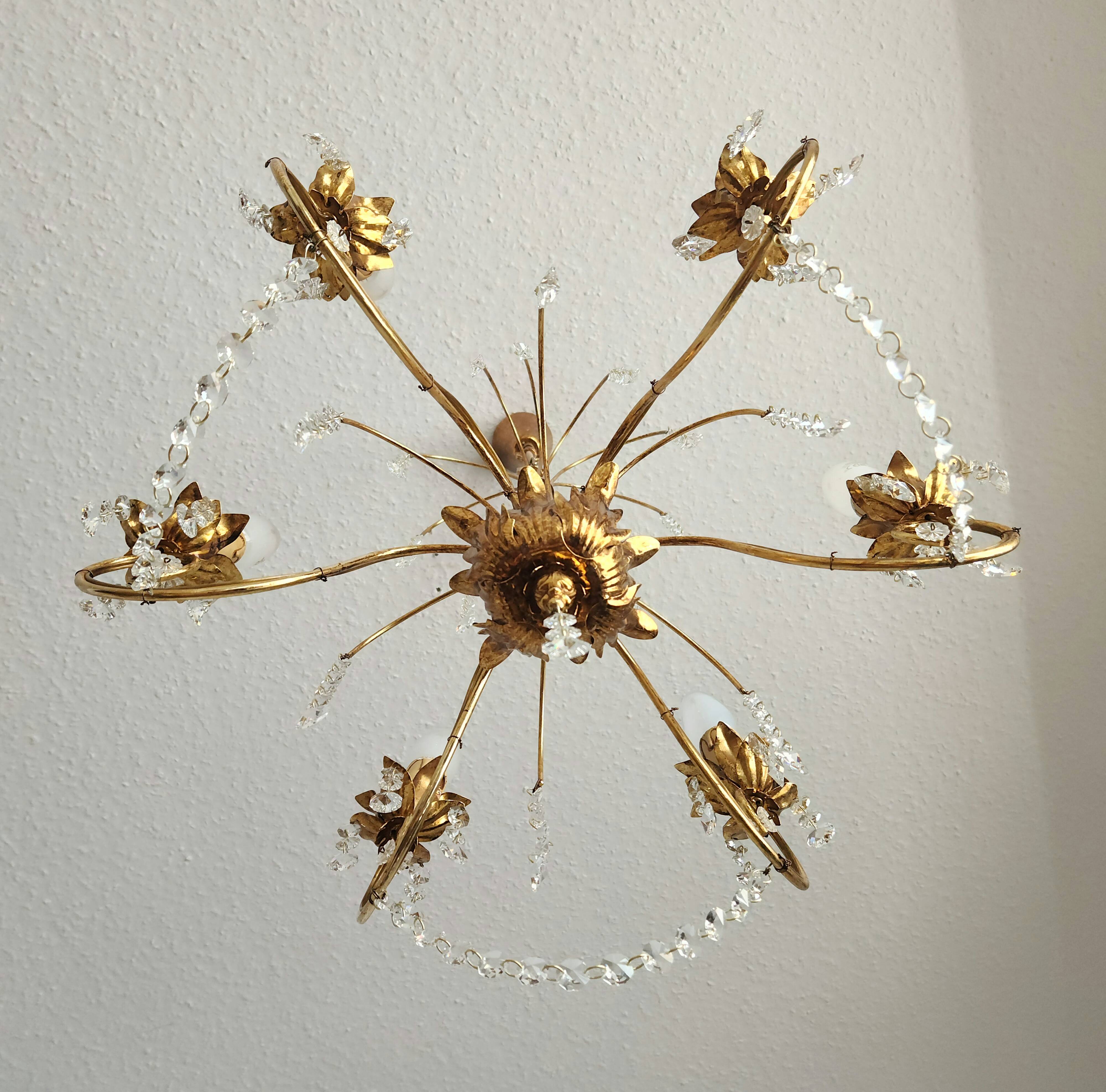 Messing doré lustre à 6 lumières lampe cristal cascade 1950-1970