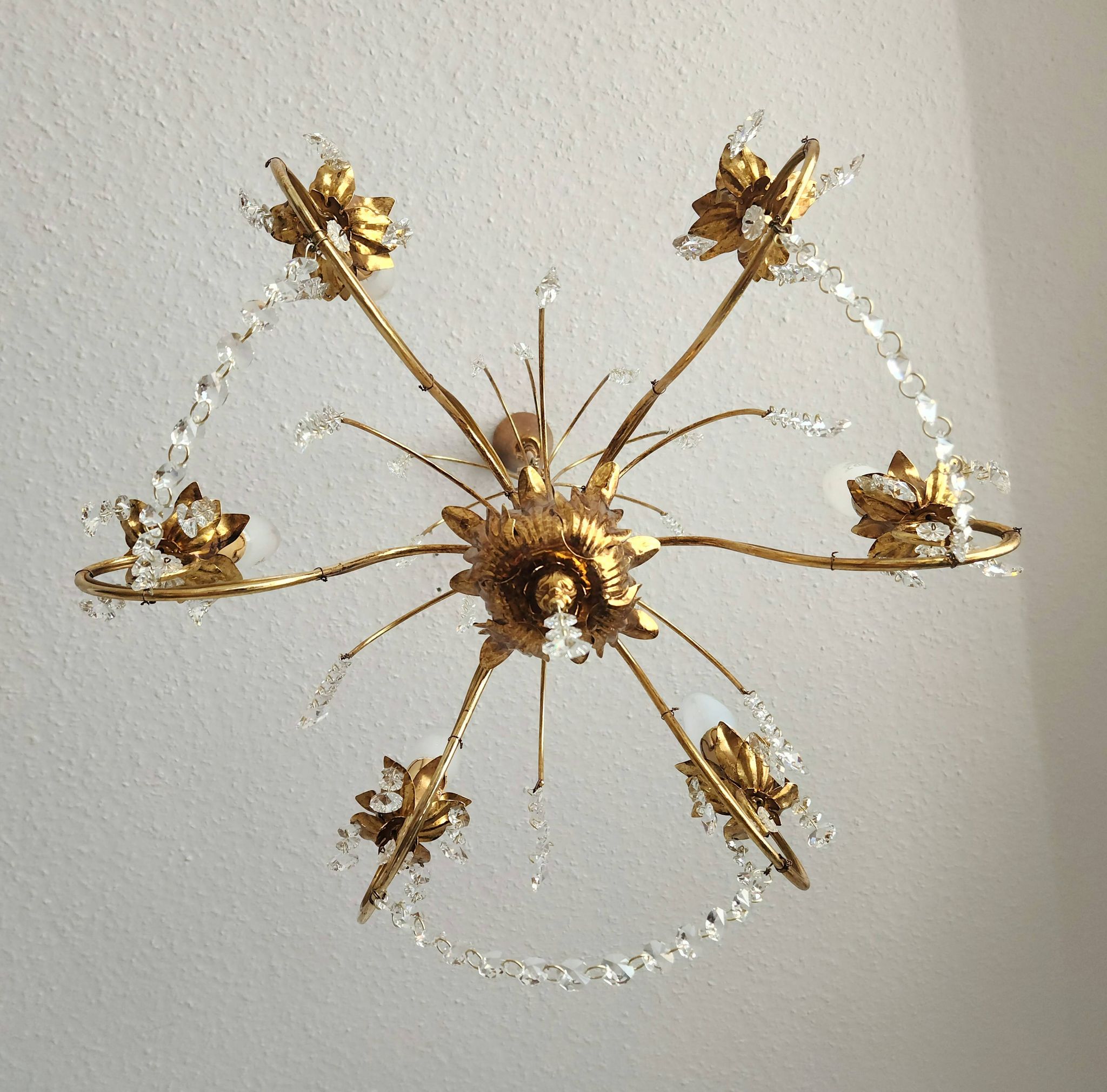 Messing vergoldet 6-Licht Kronleuchter Lampe Wasserfall Kristall 1950-1970