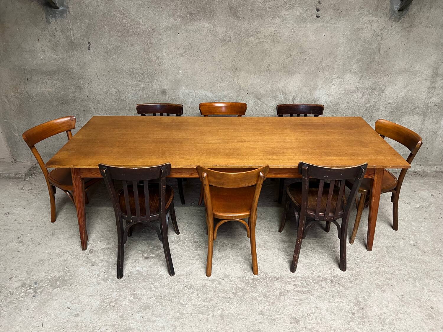 Vintage oak farm table with compass legs, 1950s