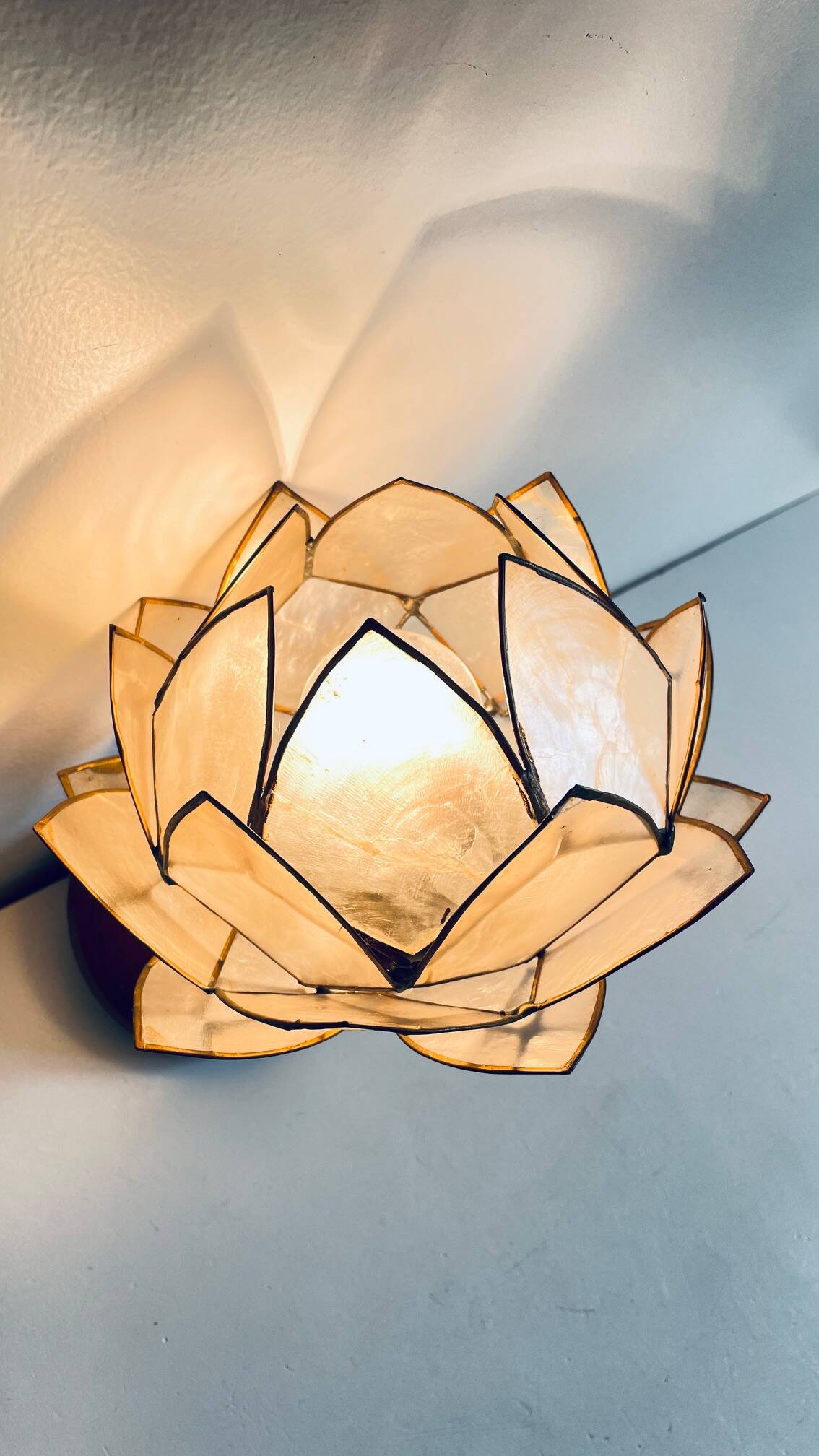 Vintage mother-of-pearl and brass flower wall lamp