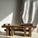 Solid wood bench with openwork base crossed by a cylinder - Mango wood