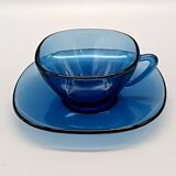5 tasses et soucoupes Vereco vintage en verre bleu France