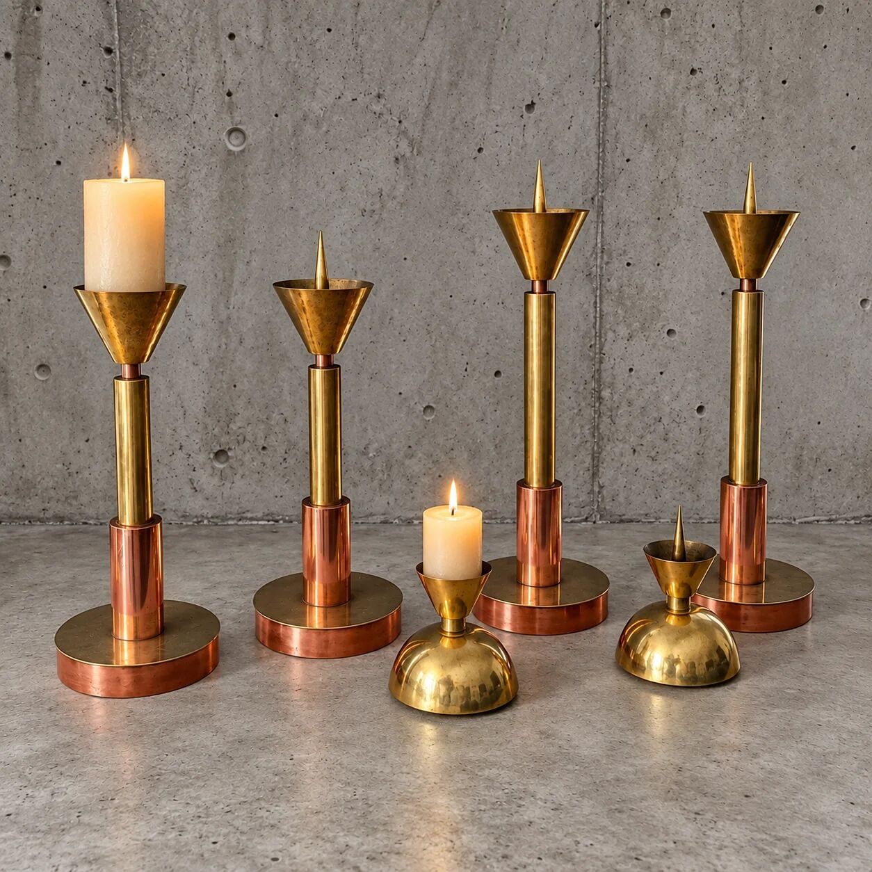 4 x Large / weighty postmodern candles / 1970s / two heights 60 - 70 cm / copper - brass