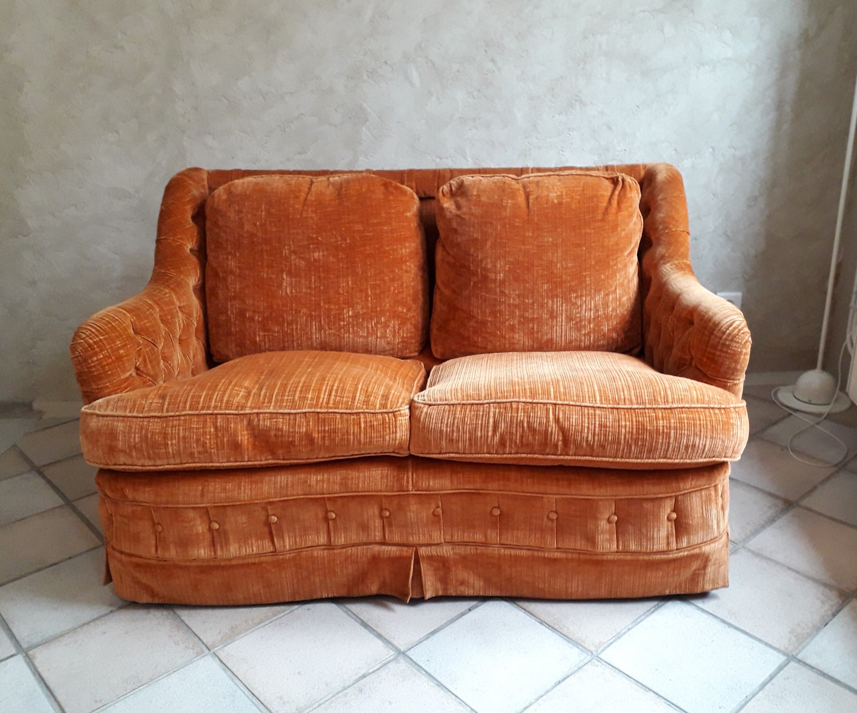Orange velvet two-seat sofa