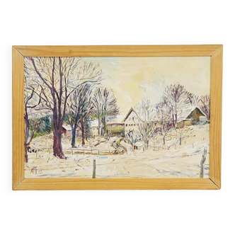 Oil painting by Alexander Michael of a winter farm.