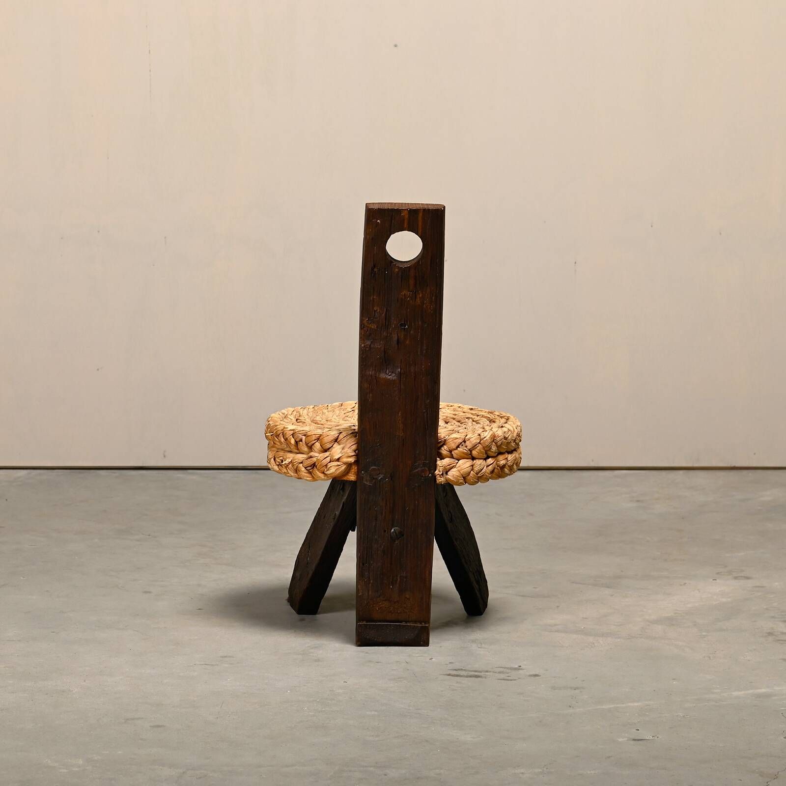Fireplace Stool in Oak and Straw, France 1950s