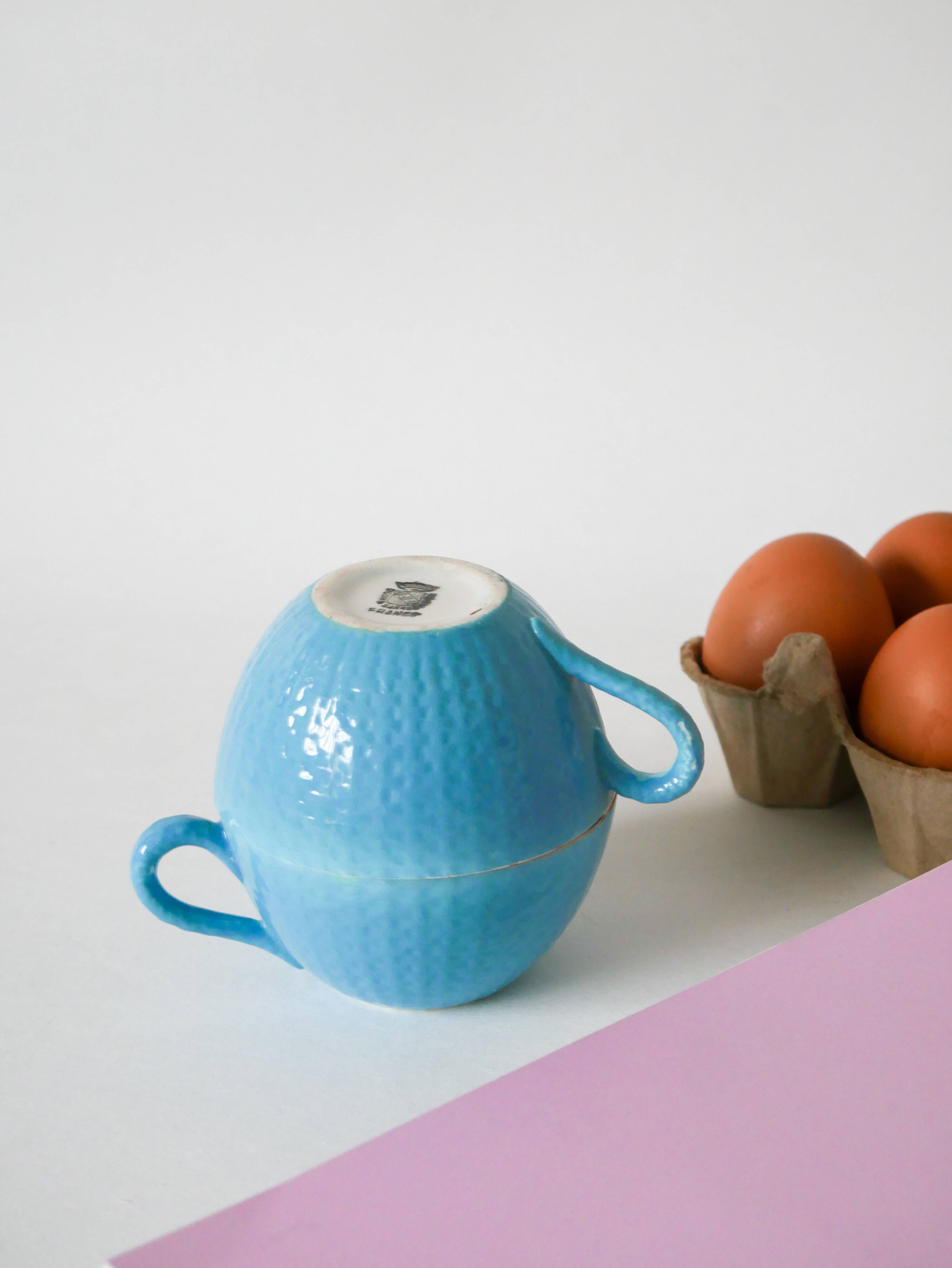 Pair of digoin sarreguemines cups textured sky blue and gold edging 1950