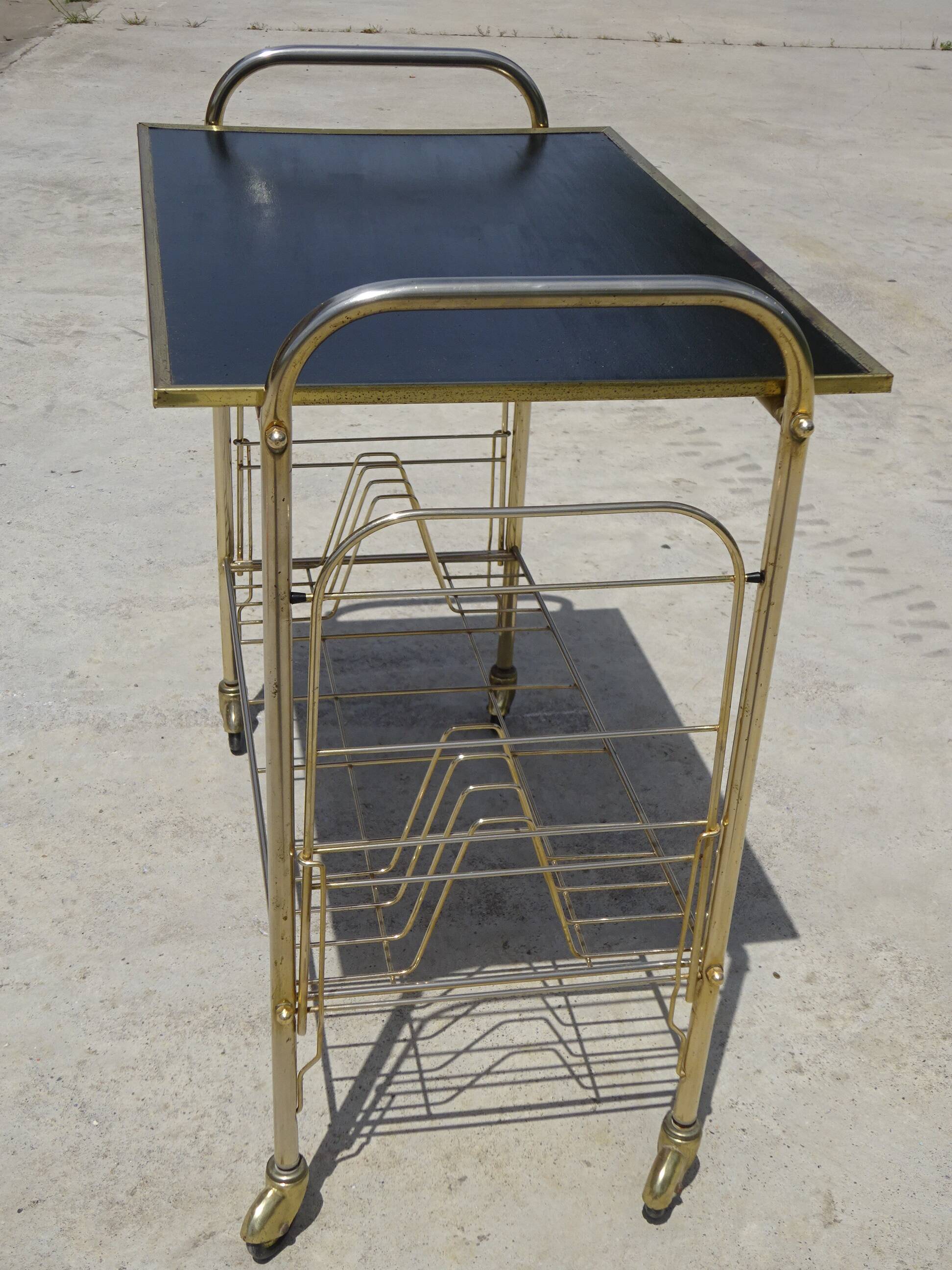 Serving trolley, vinyl record holder in golden brass