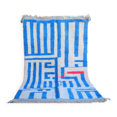Tapis marocain berbère béni ouarain moderne bleu et blanc