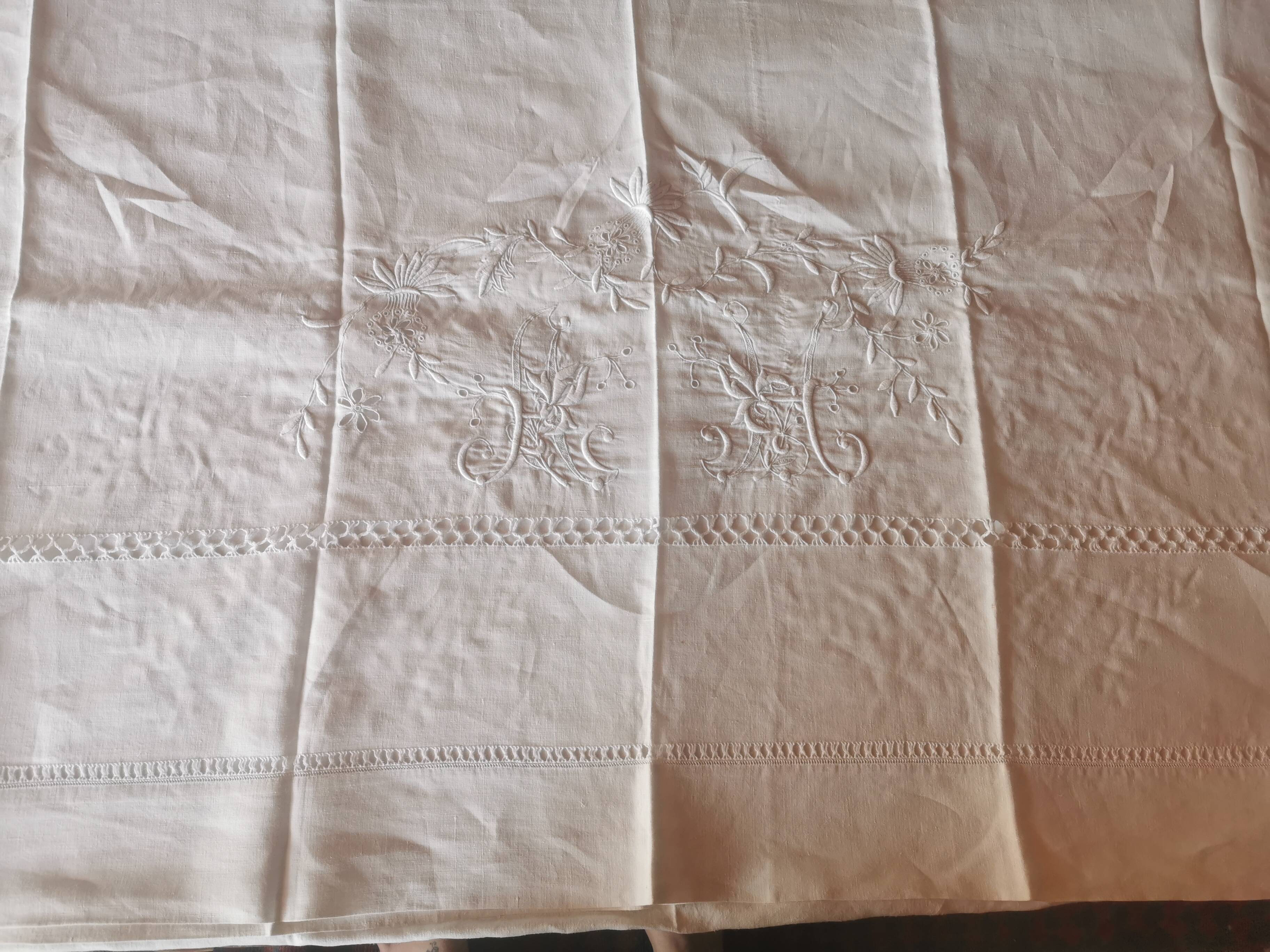 Large antique linen sheet monogrammed AH