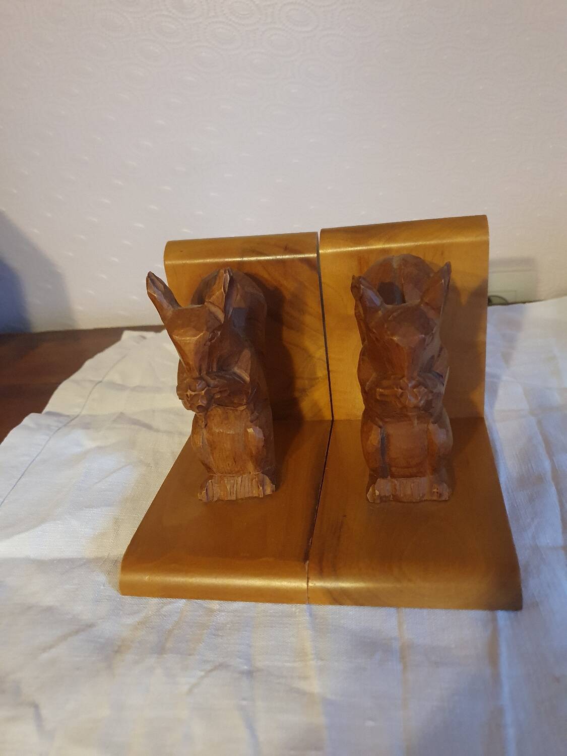 Vintage hand-carved wooden squirrel bookend