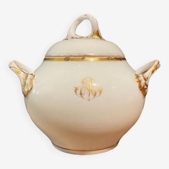 Sugar nineteenth in white and gold porcelain with monogrammed decoration signed A. Bourlet.