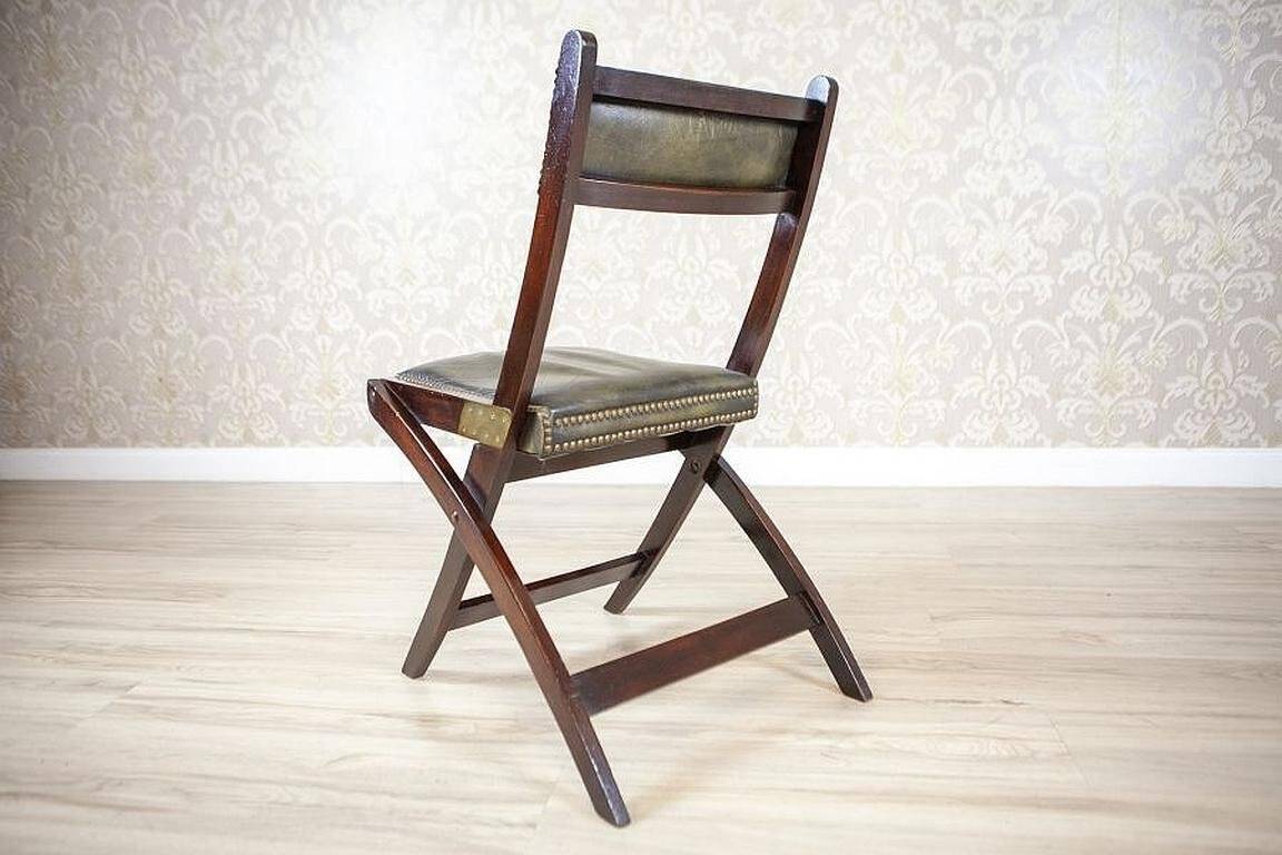 Vintage Walnut Folding Chair in Dark-Green Leather, 1950s