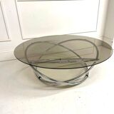 Table basse ronde en chrome et verre fumé, Miniforms "Swirl", Made in Italy