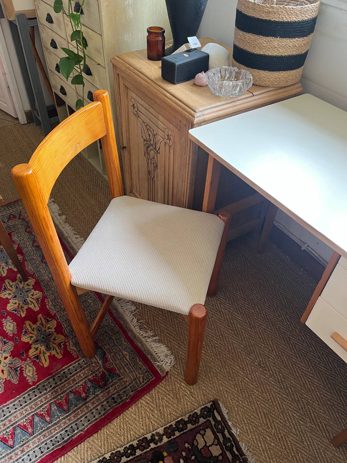 Vintage wooden chair with cream white corduroy seat