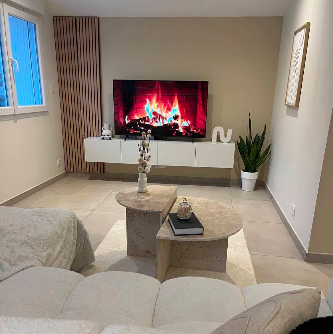 Half-moon travertine coffee table