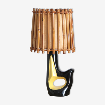 Lampe forme libre en céramique abat jour en bambou, années 50