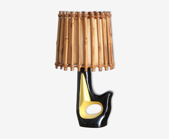Lampe forme libre en céramique abat jour en bambou, années 50