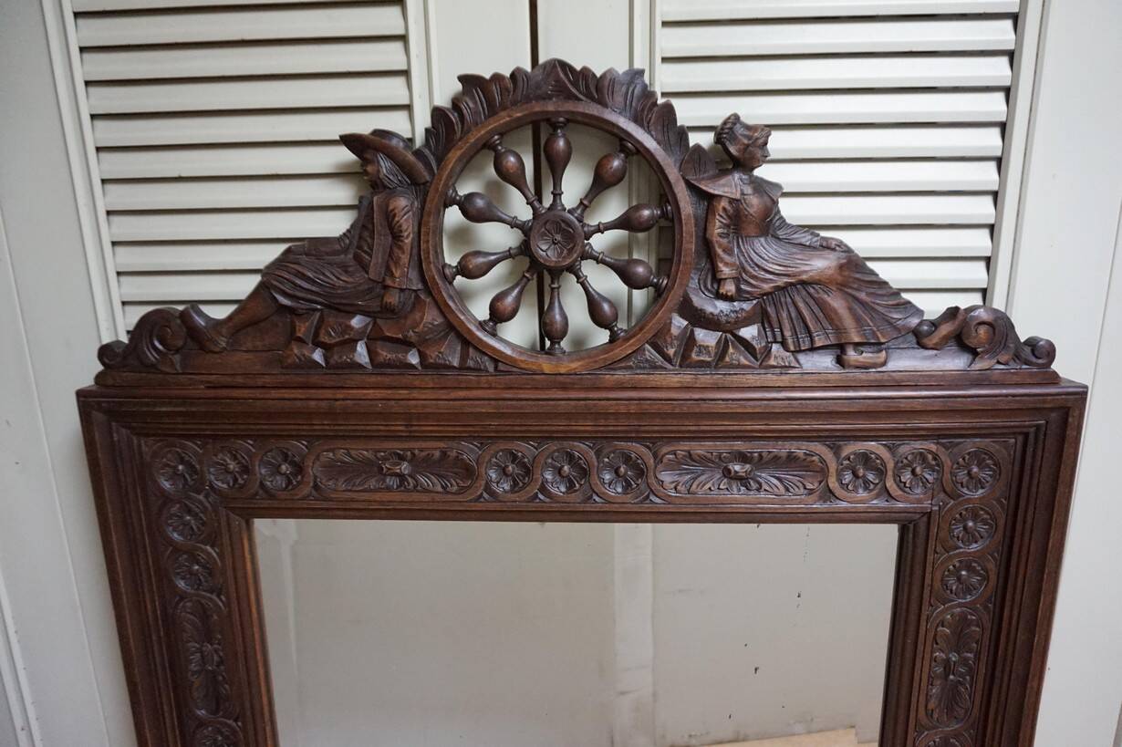 Breton Wall Mirror in Carved Oak, France, 1900s