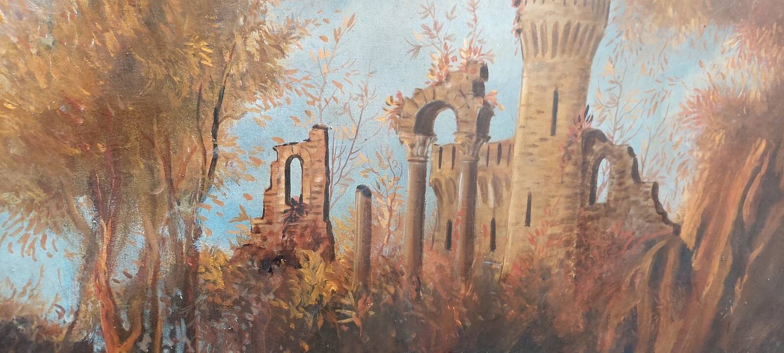 Old oil painting on canvas landscape with ruins and figures 121x98 cm