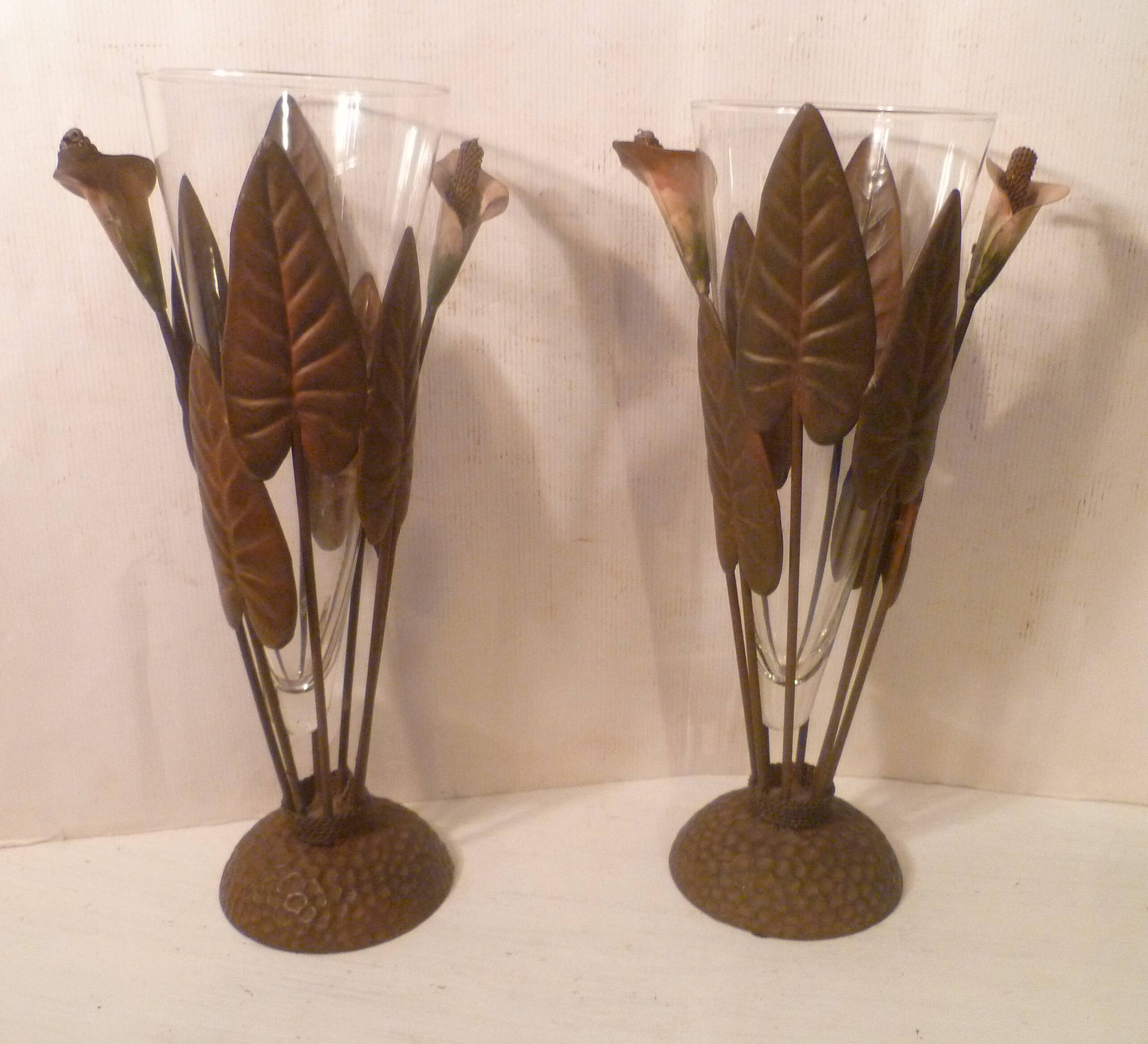 Paire vases  coupes verre souffle & monture fer forge "arum" vintage