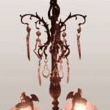 Large Gothic brass chandelier with 6 lights, 1940s.