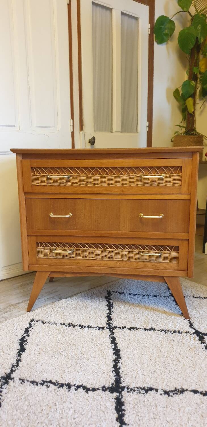 Wood and rattan chest of drawers