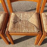 Set vintage pine dining table with 4 rush seat chairs Dutch design