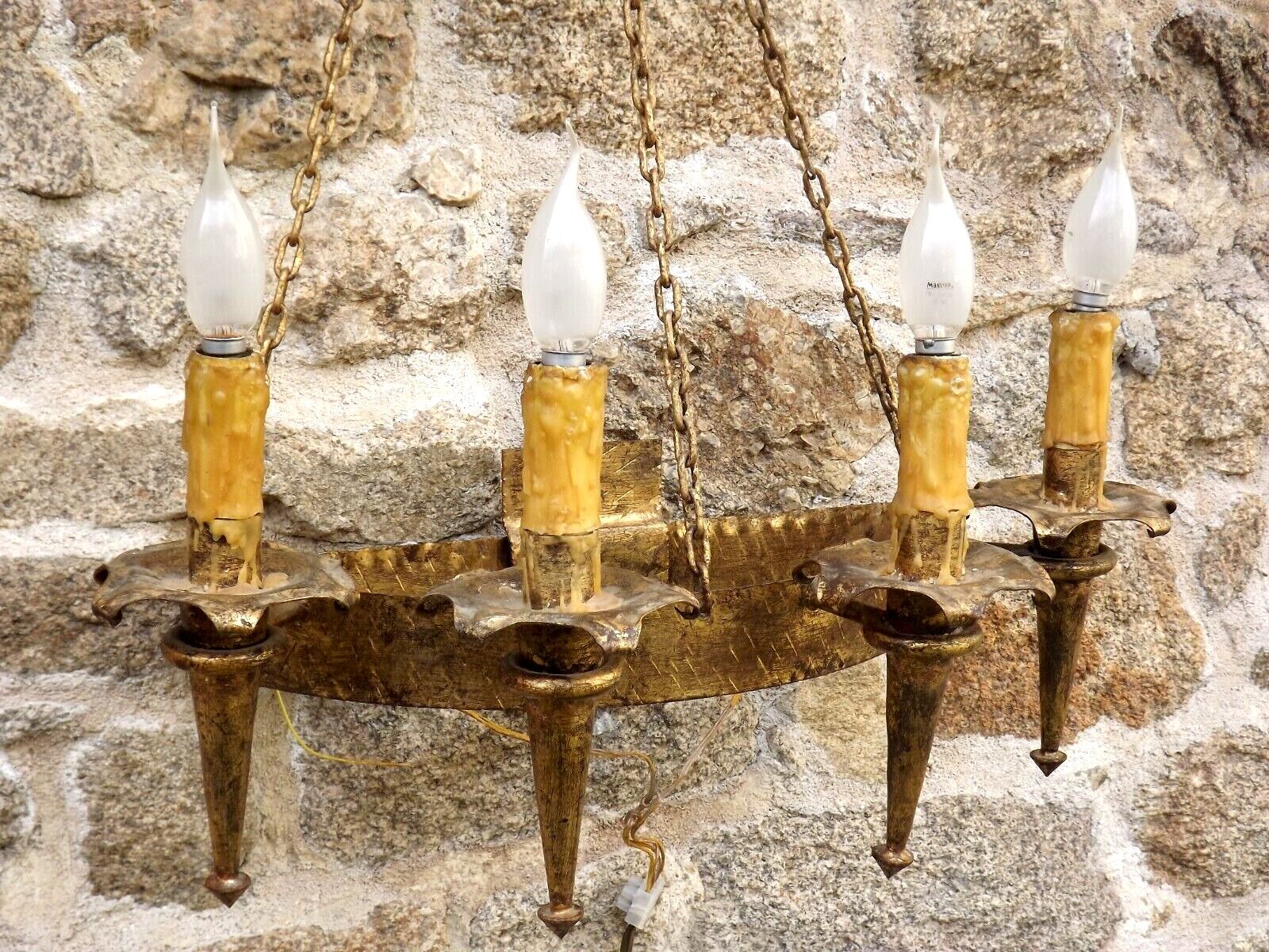 French medieval gold hand forged wrought iron 4 light hanging wall light 3894