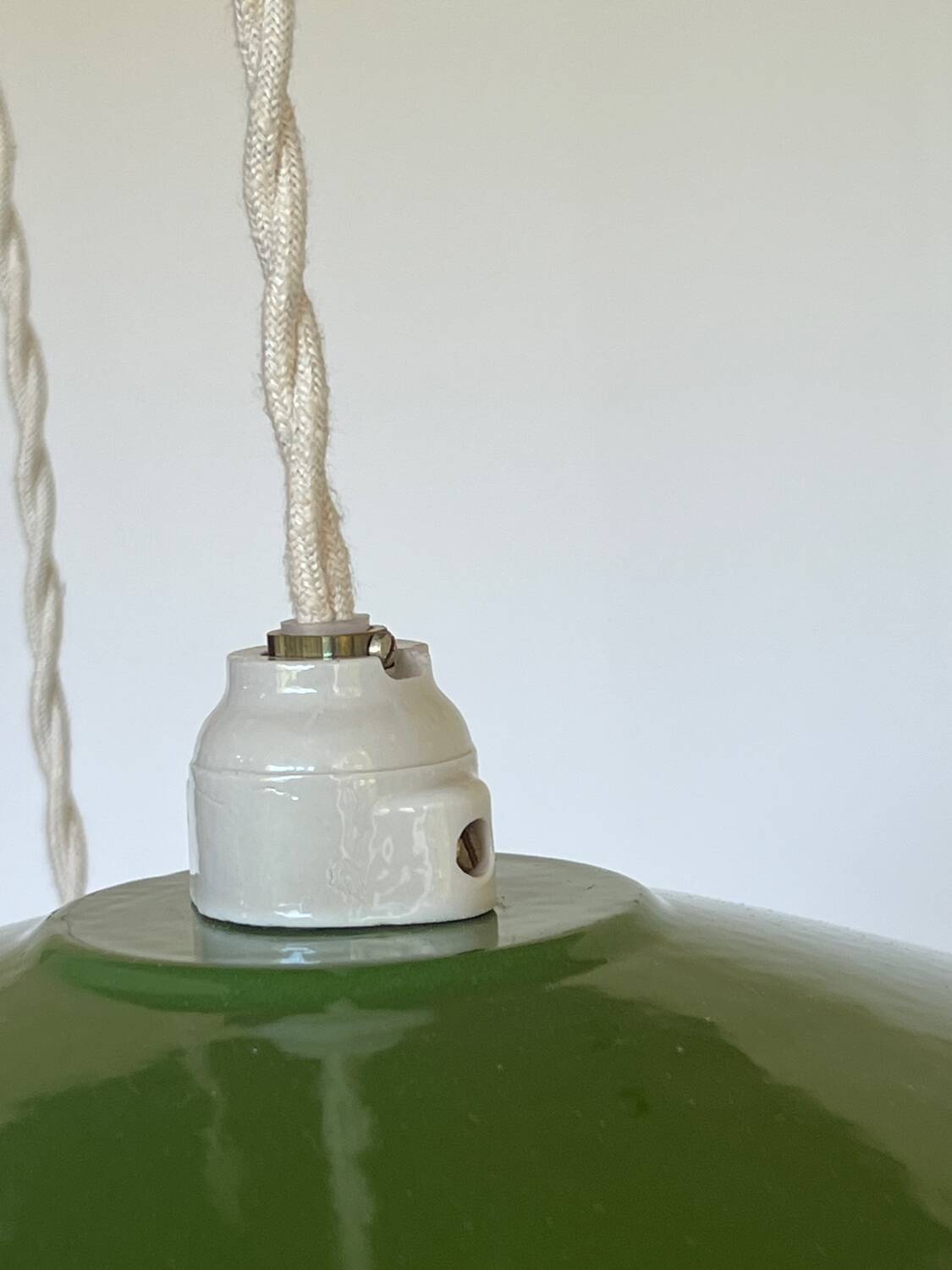 Triple industrial style pendant light with enamelled sheet metal and porcelain sockets