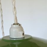 Triple industrial style pendant light with enamelled sheet metal and porcelain sockets