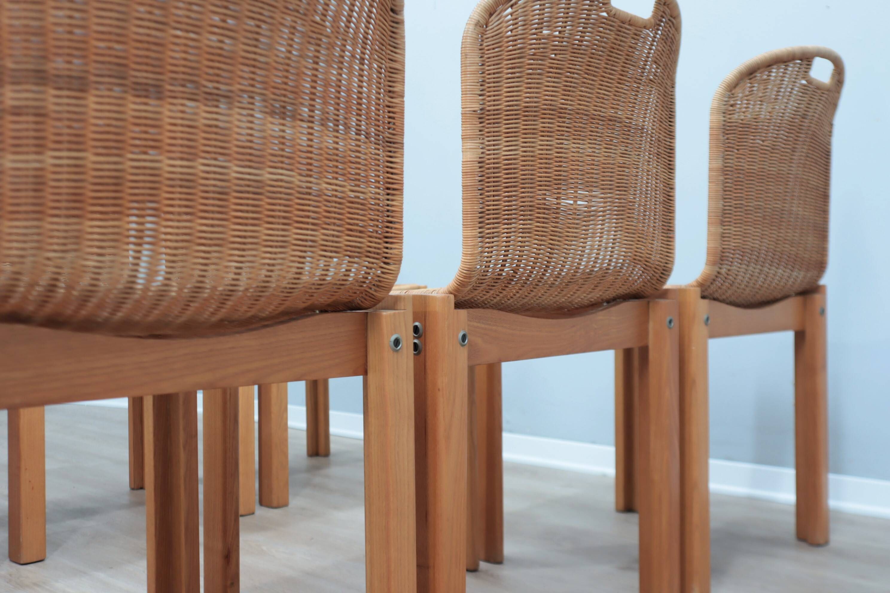 Chaises courbées en osier et bois années 1970, lot de 6