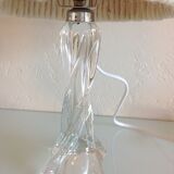 Pair of twisted glass foot bedside lamps and wool/vintage 60s and 70s lampshades