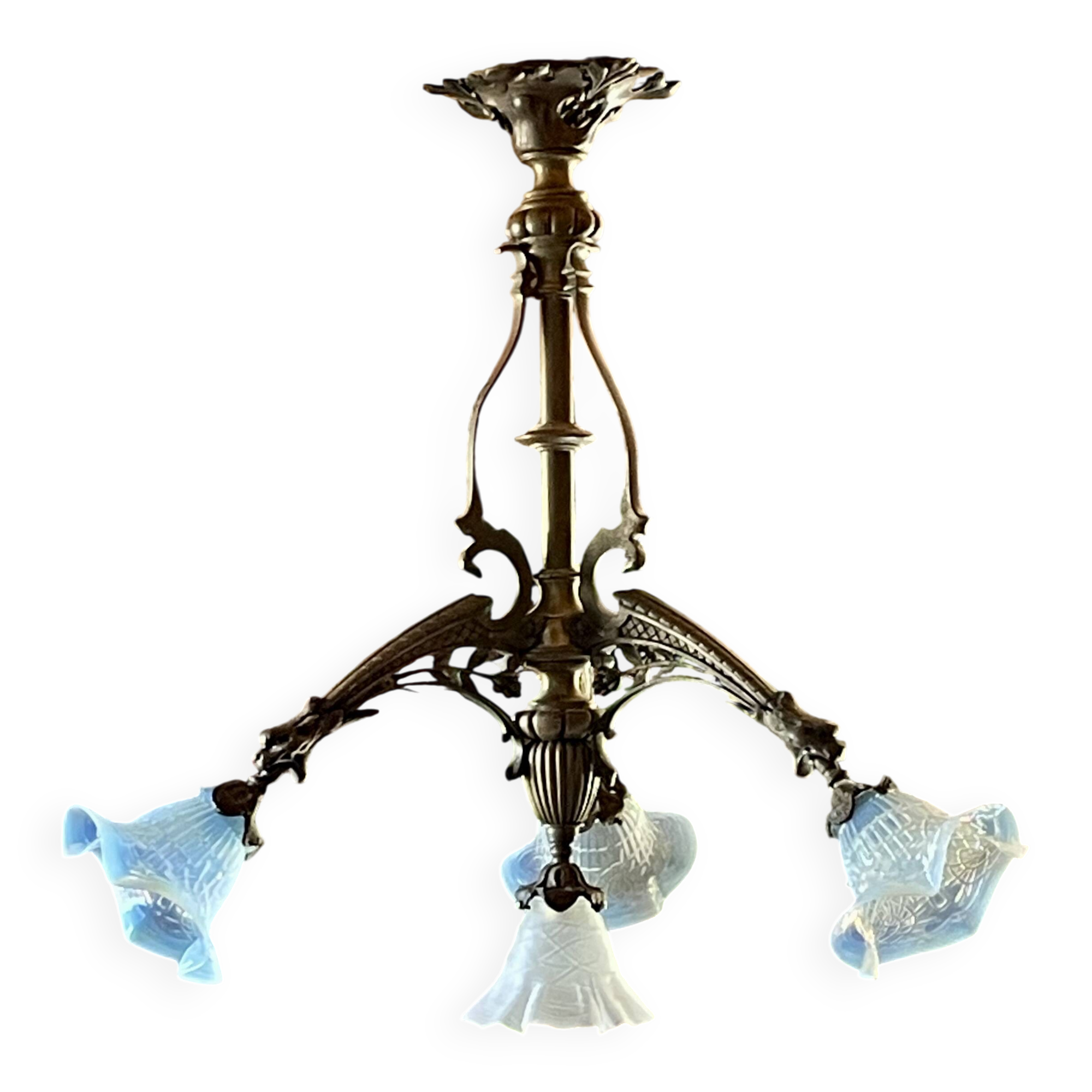 Large bronze chandelier, opaline tulip, early 20th century