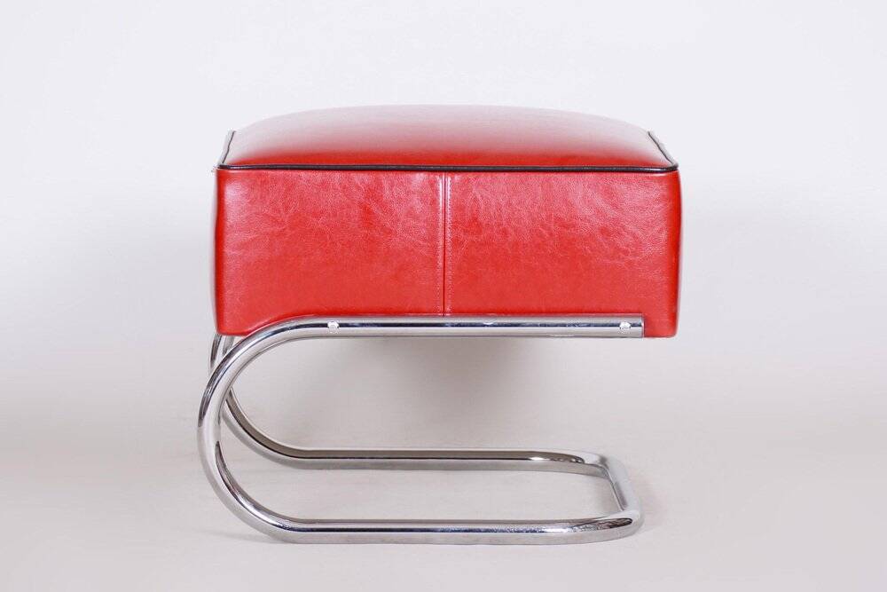 Modern Tubular Stool in Red Leather and Chrome-Plated Steel from Slezák, 1930s