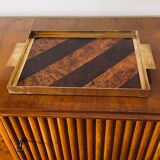 Brass and inlaid woods tray, italy 1970s