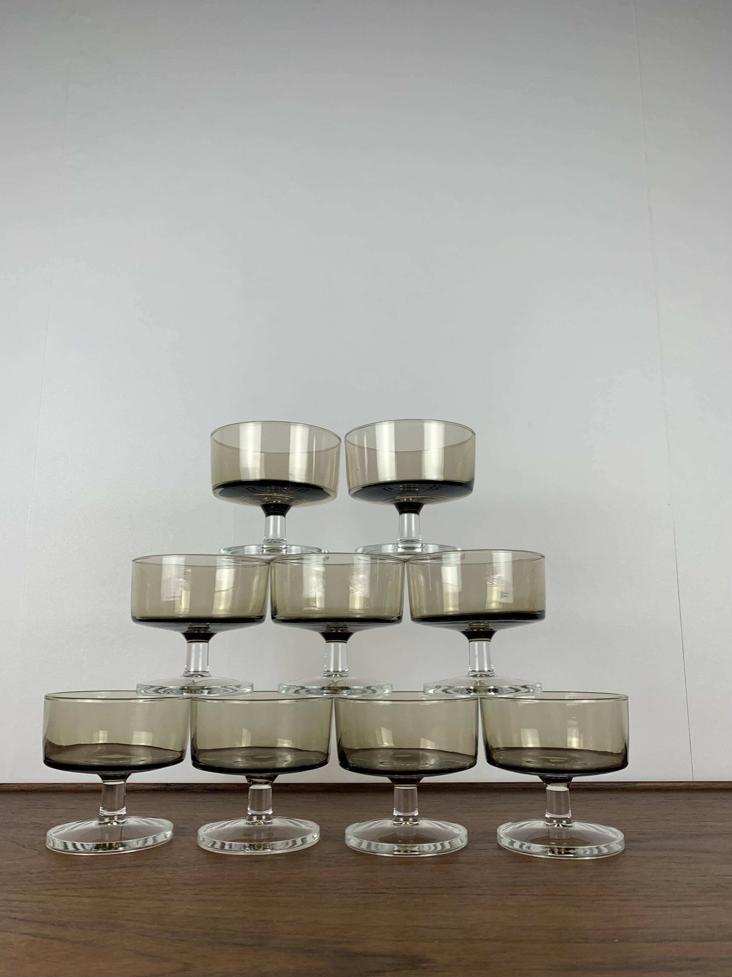 Set of 9 smoked glass champagne glasses, 1970