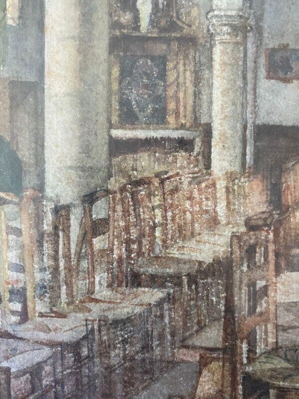 George Roussin, intérieur d’église, dessin, XXème siècle