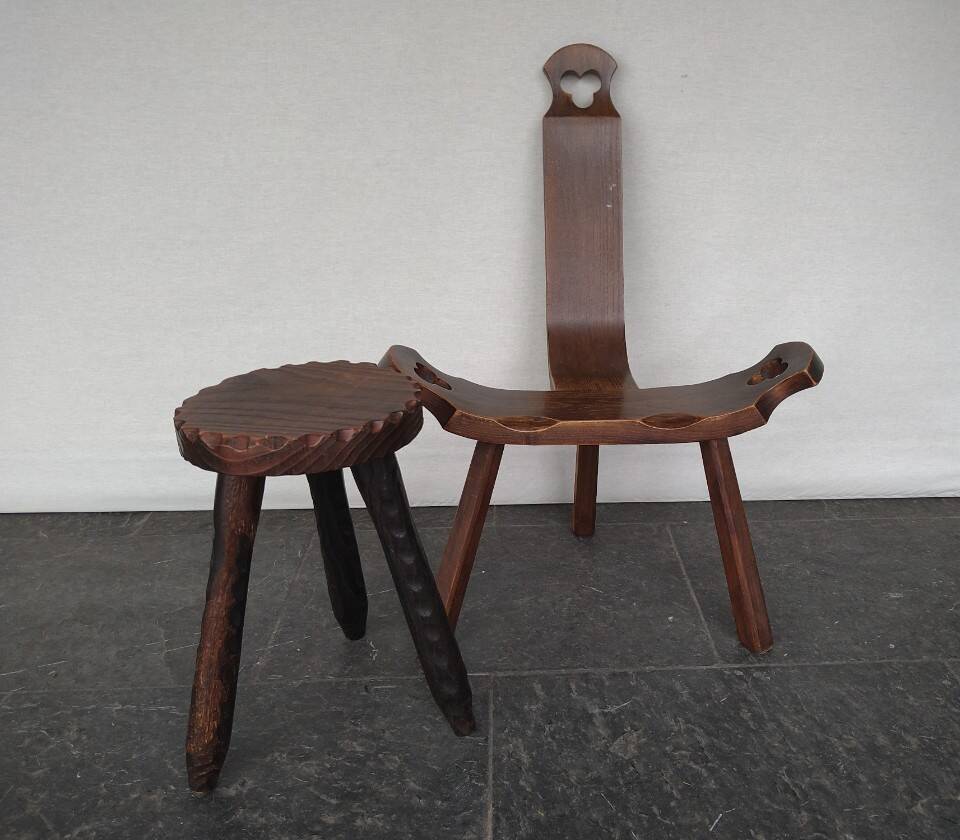 Vintage Spanish Wooden Chair and Stool from the 1970s