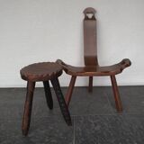 Vintage Spanish Wooden Chair and Stool from the 1970s