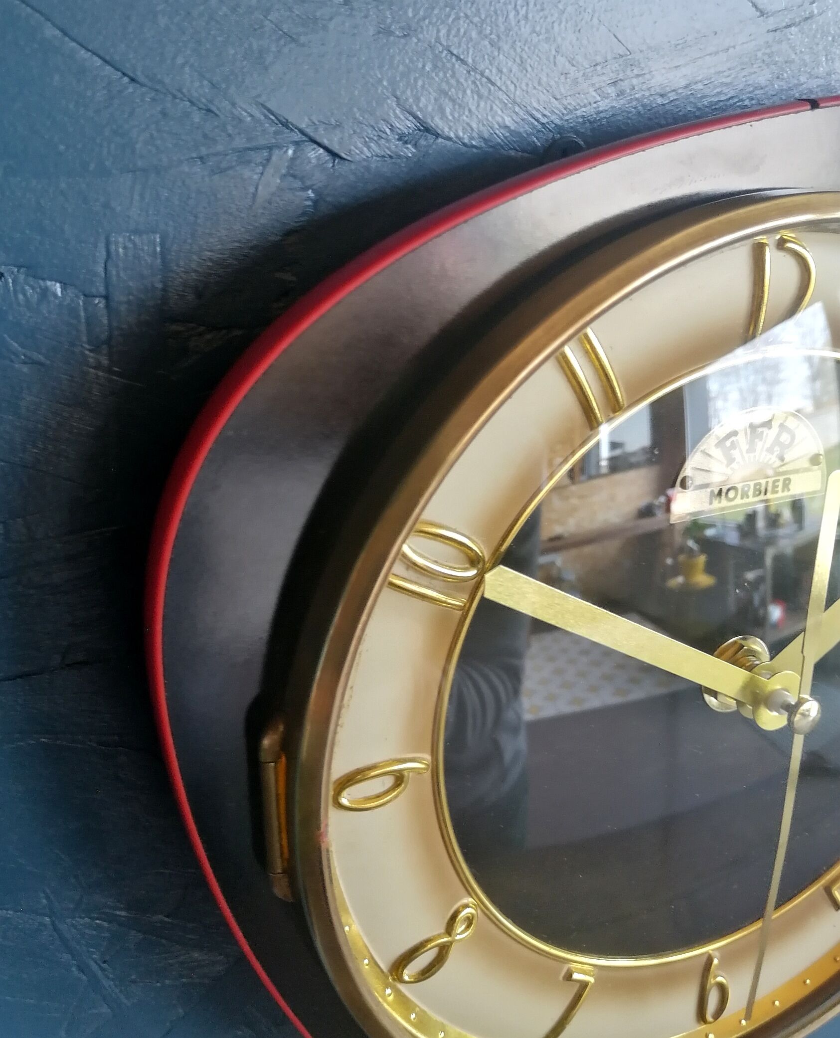 Vintage clock, wall clock "FFR Morbier red and black"
