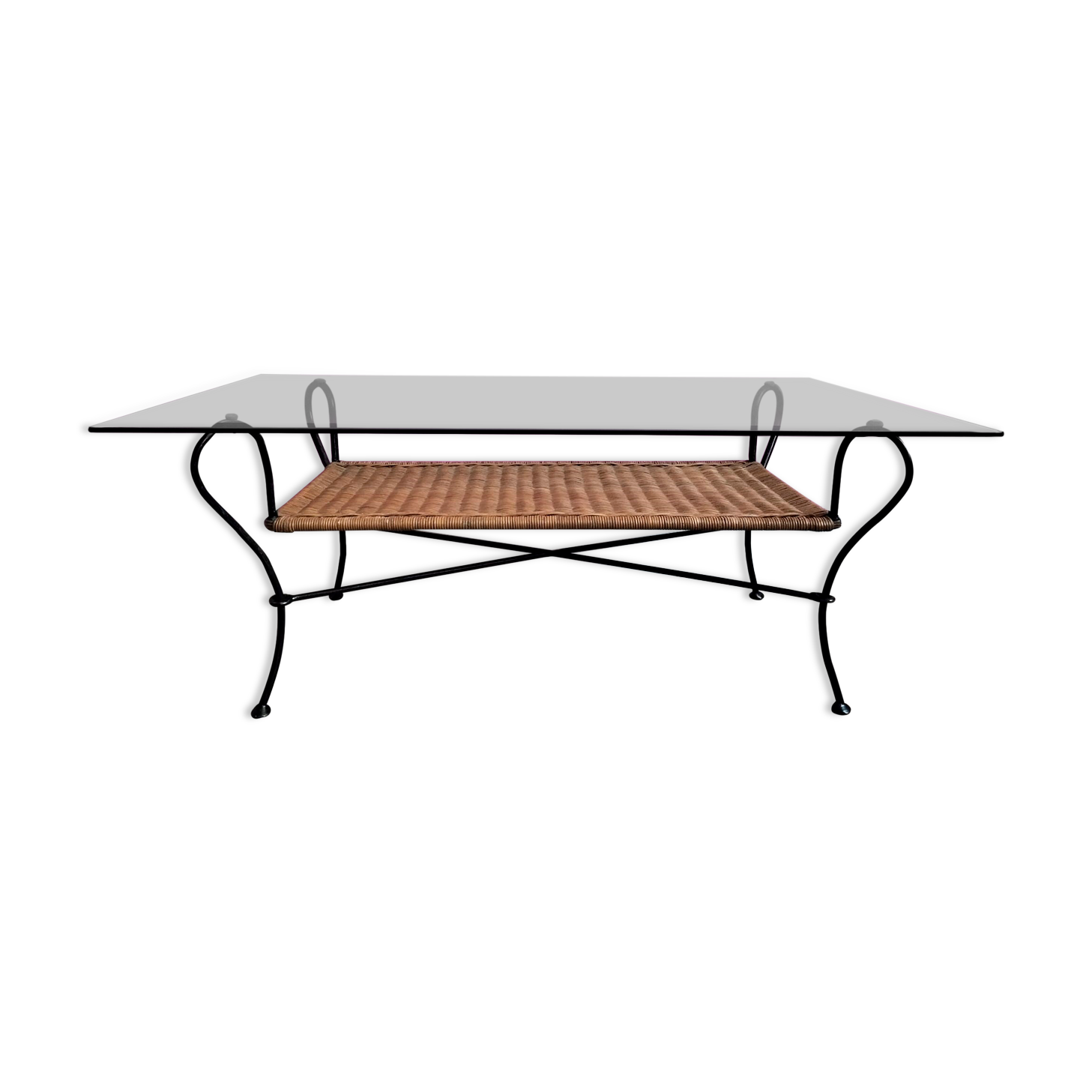 Coffee table in vintage glass and metal rattan