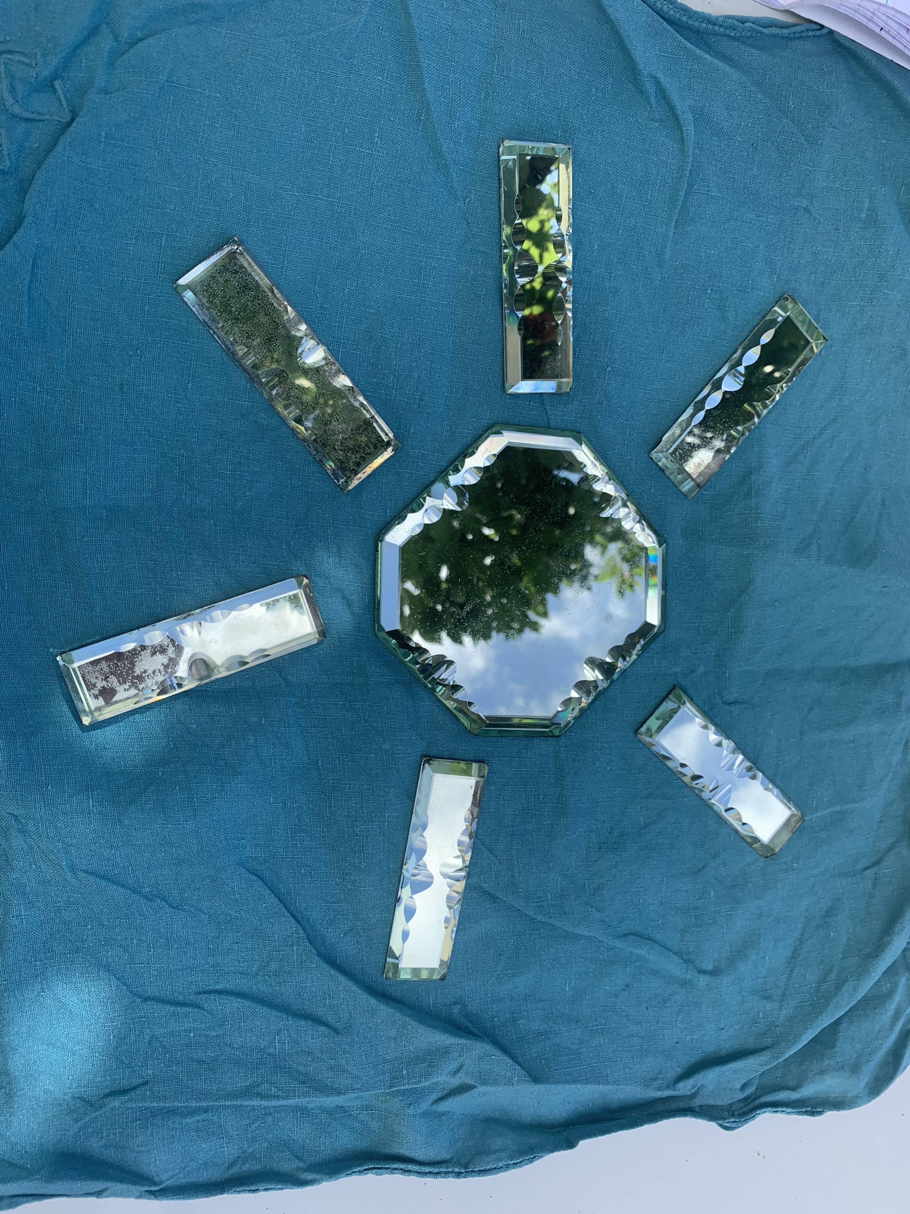 6 knife holders and a bottle bottom, glass, beveled mirror