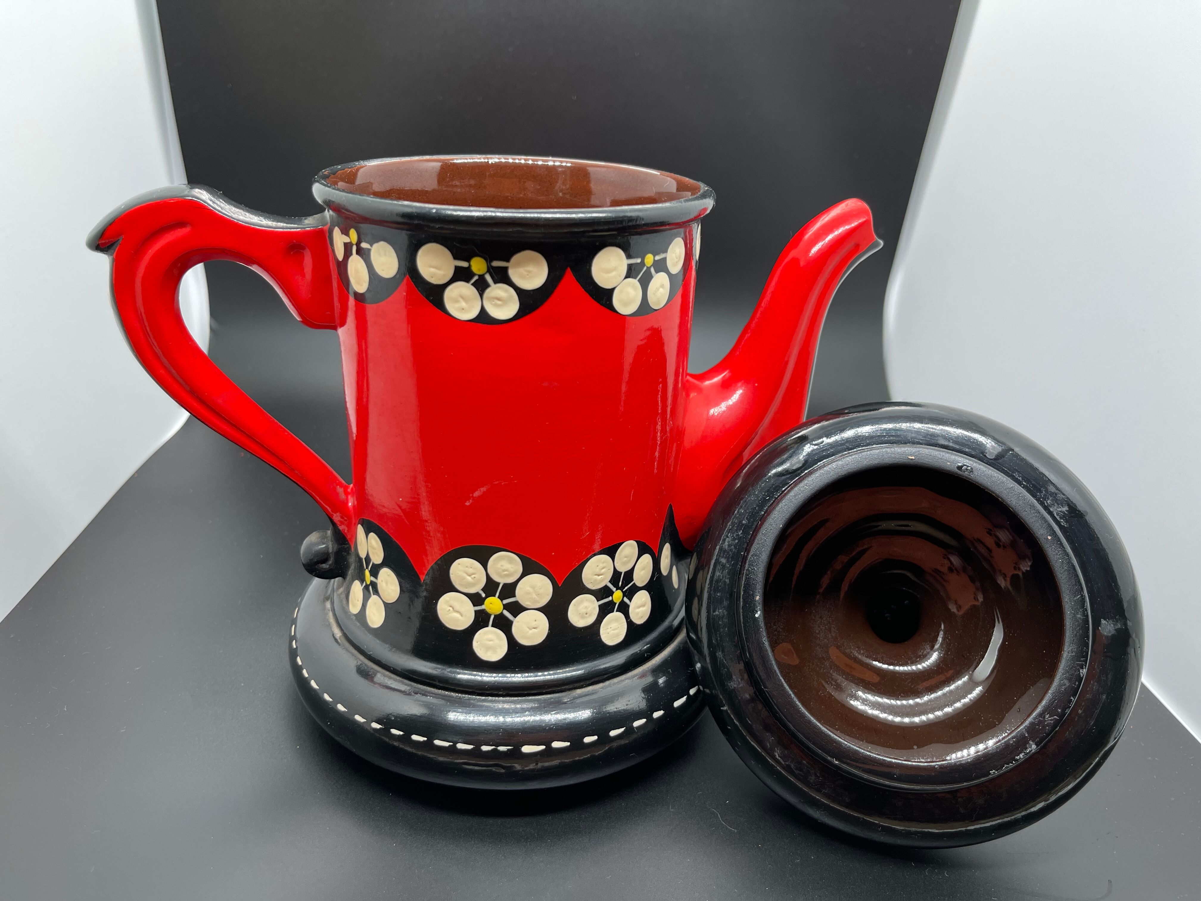 Vintage terracotta teapot glazed and hand painted