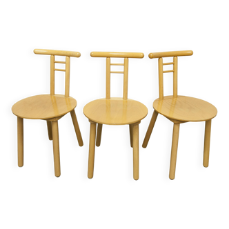 Set of 3 minimalist chairs in light wood, 1980s Italy