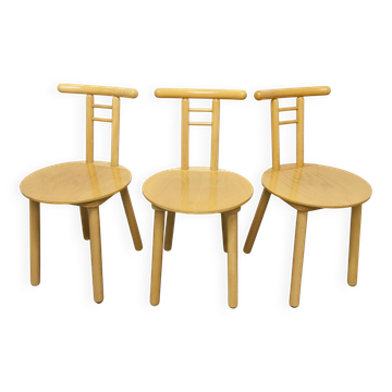 Lot de 3 chaises minimaliste en bois clair 1980 Italie