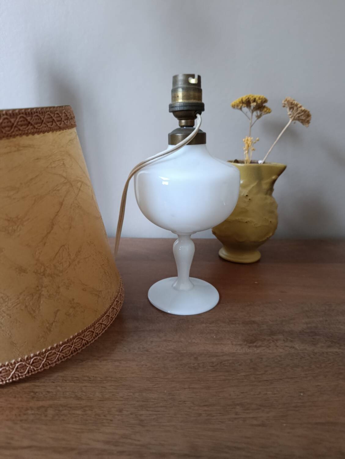 Retro white opaline table lamp, pigskin shade, 1950.