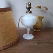 Retro white opaline table lamp, pigskin shade, 1950.