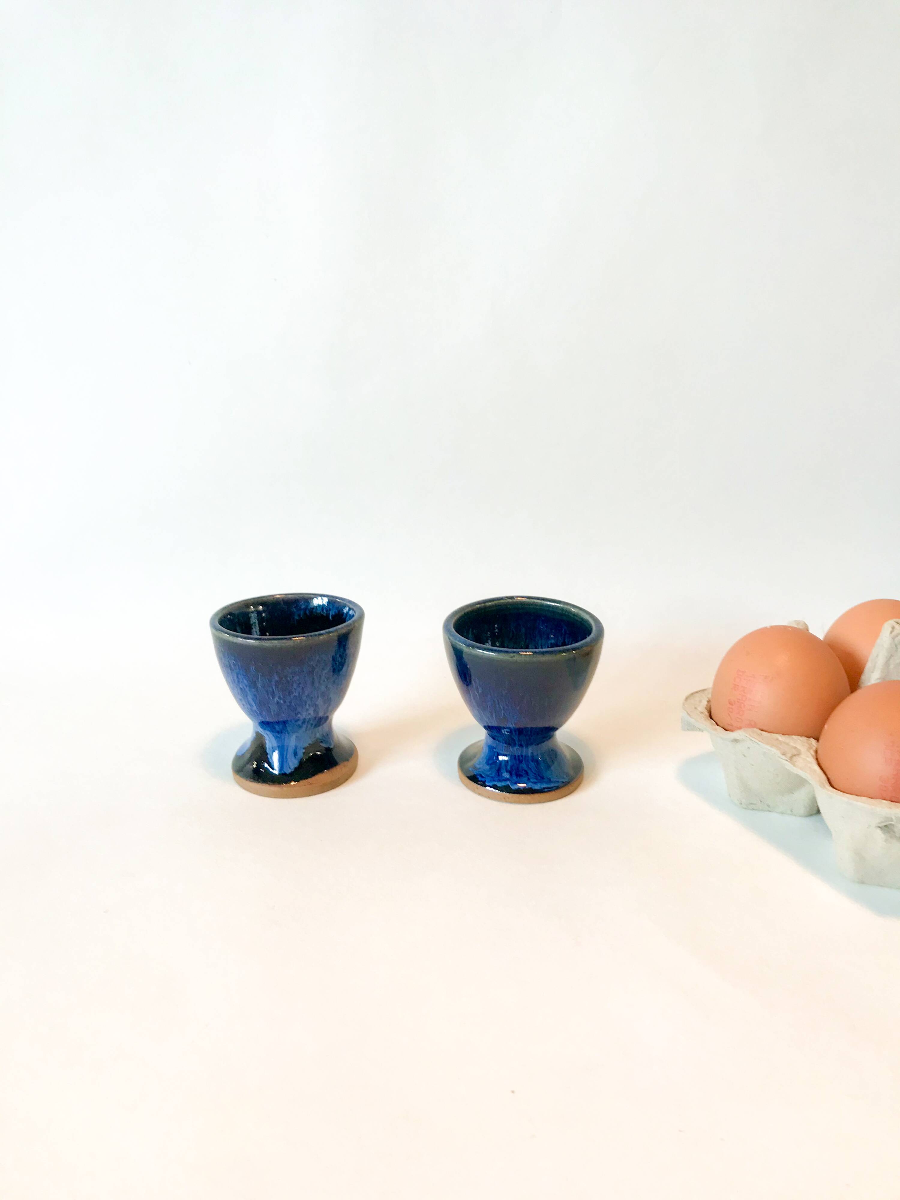duo of egg cups in stoneware / blue ceramic from the 70s