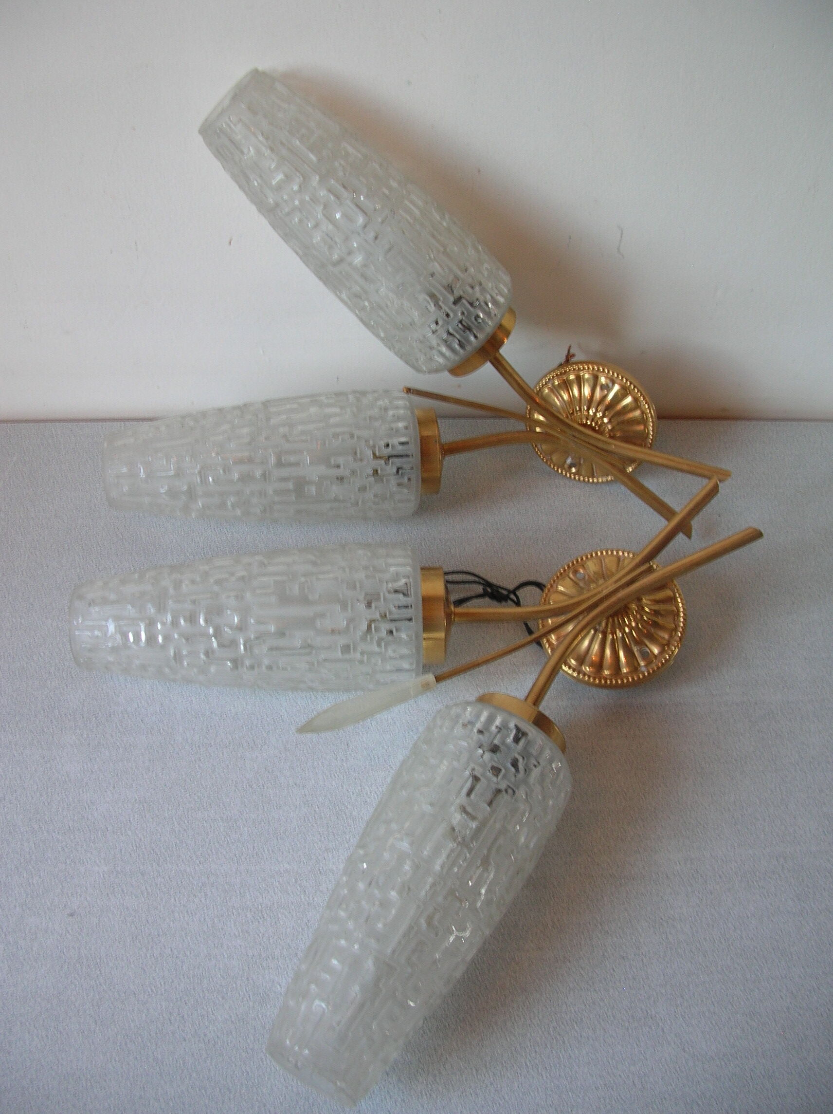 Pair of electric wall lamps double years 1950/60 globe conical lampshade deco retro